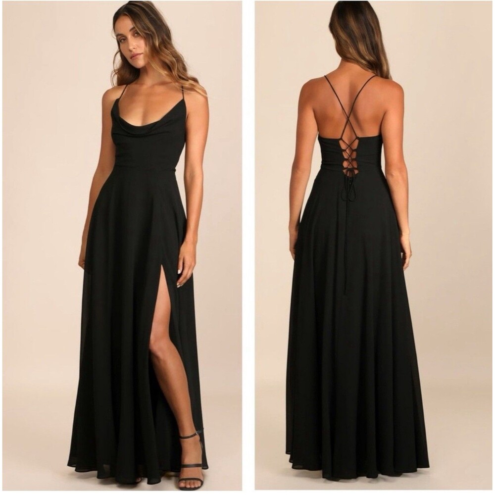Lulus Romantically Speaking Black Cowl Lace-Up Maxi Dress Size Medium NWT Formal